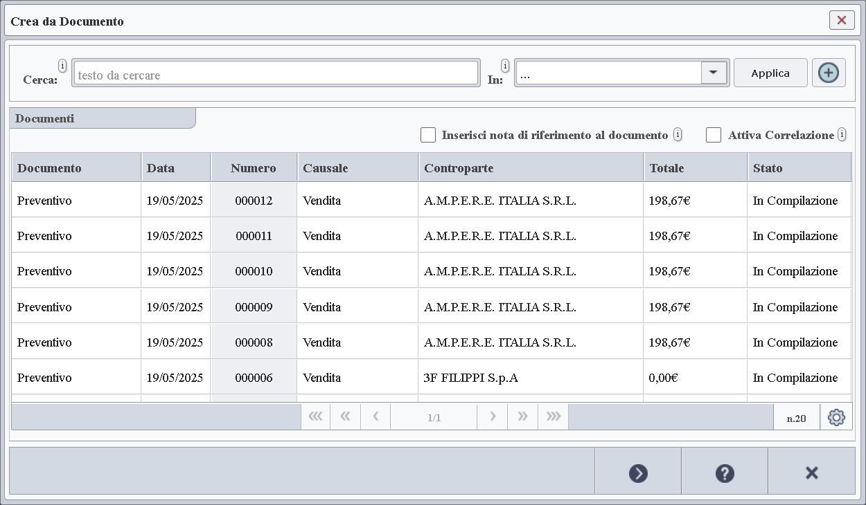 Finestra di selezione del documento