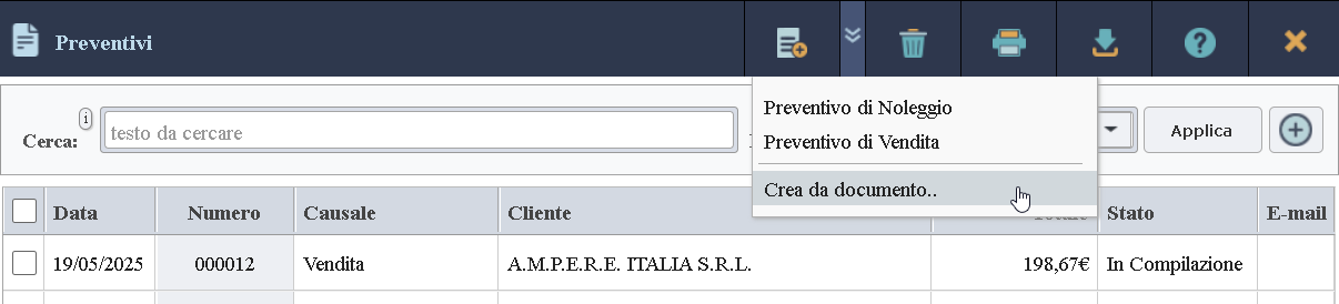 Pulsante di creazione documento da altro documento