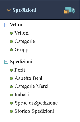 Immagine del menù laterale contenente le schede raggruppamento Spedizioni.