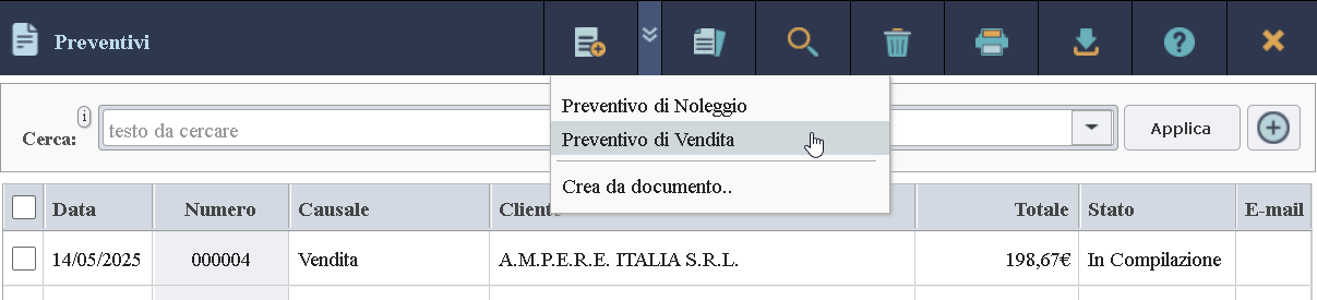 Pulsante di creazione documento da tipo
