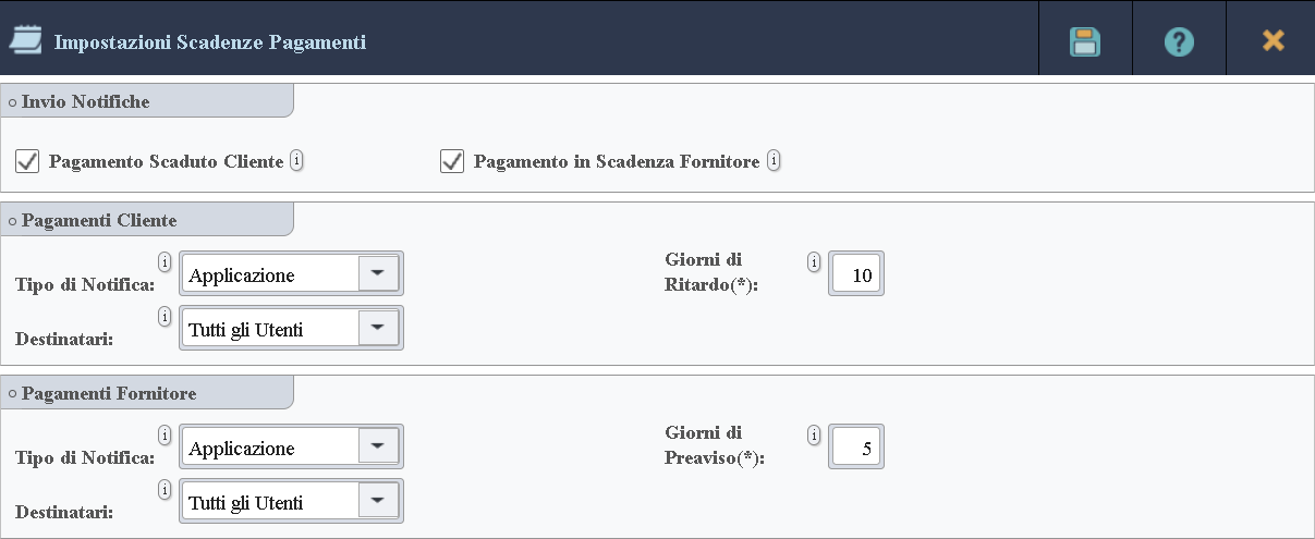 Immagine della scheda contenente le impostazioni di configurazione delle notifiche di scadenza dei pagamenti.