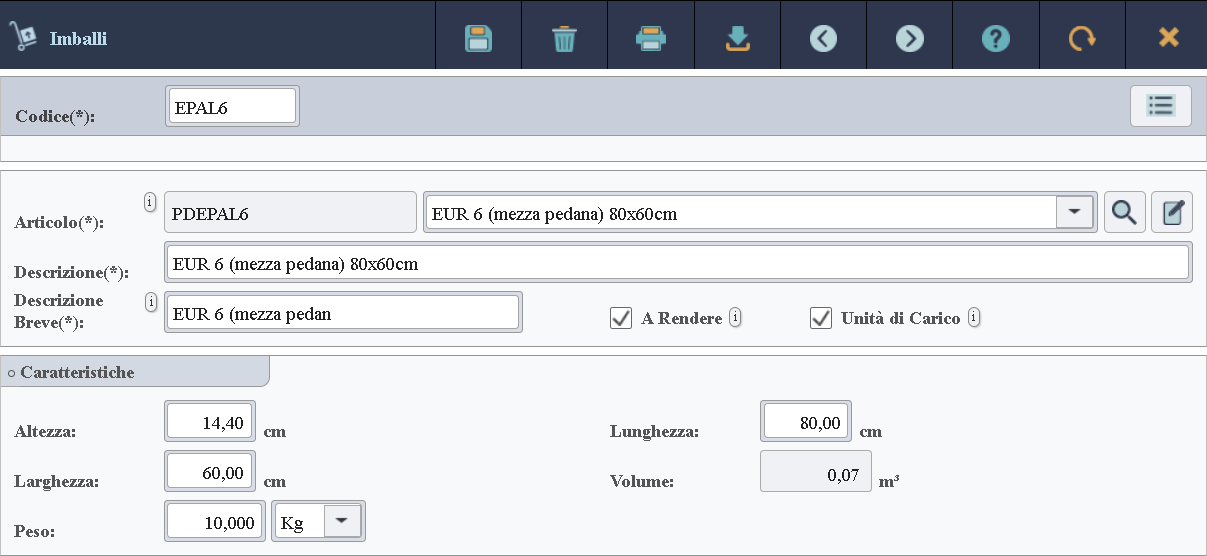 Immagine dei dati di dettaglio di un imballo.