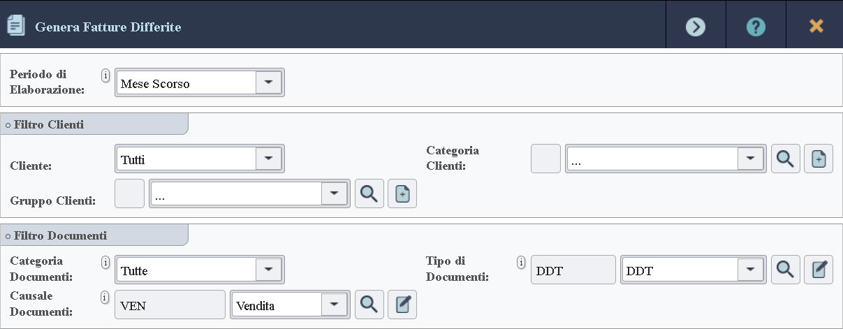 Fase 1: Definizione dei filtri di elaborazione dei DDT/Ordini Cliente