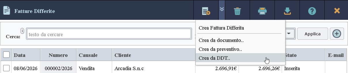 Immagine del pulsante di creazione di una fattura a partire da un tipo di documento o un documento precedentemente inserito.