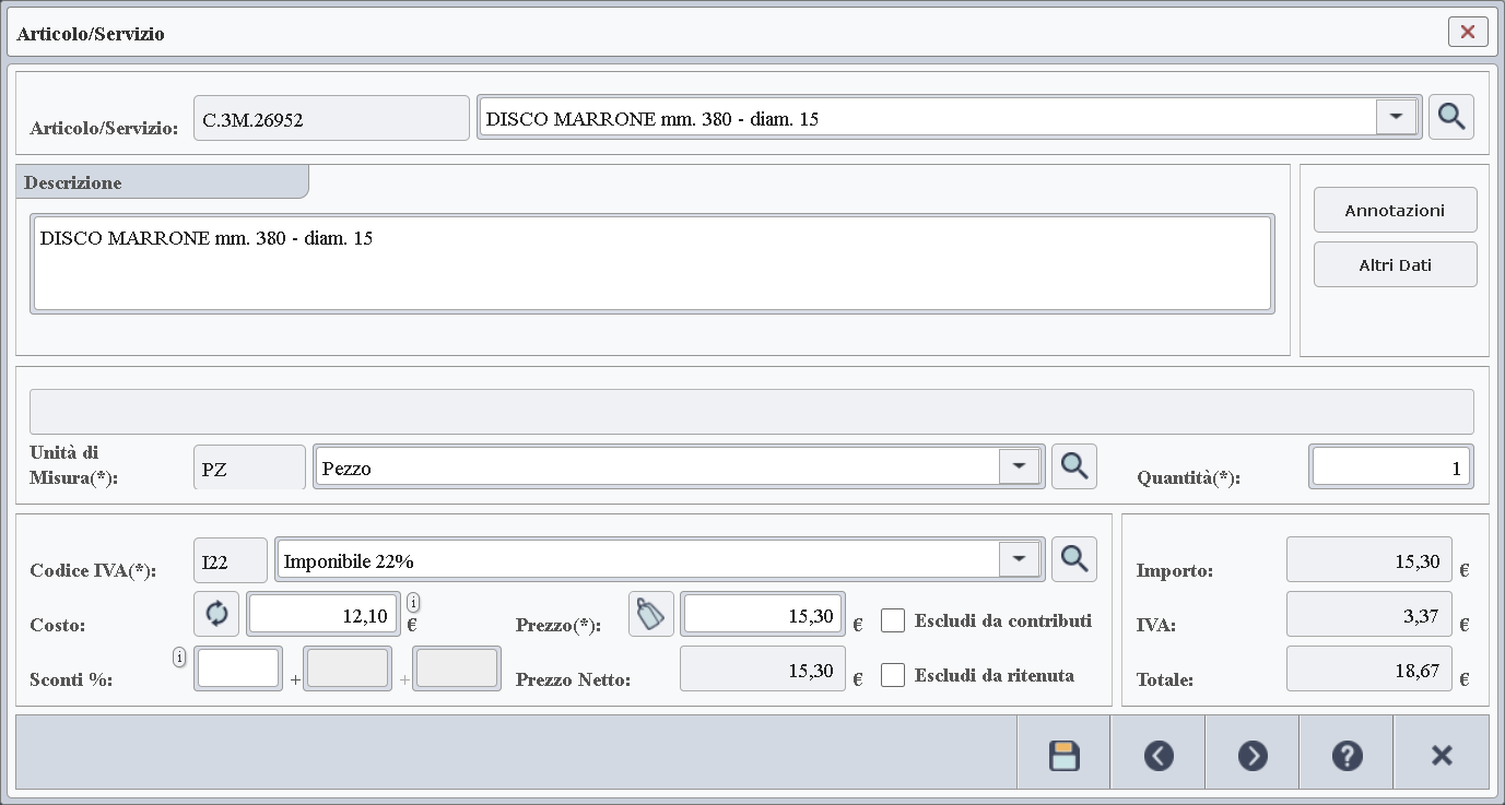 Immagine della finestra usata per consultare e gestire il dettaglio dati delle righe del documento.