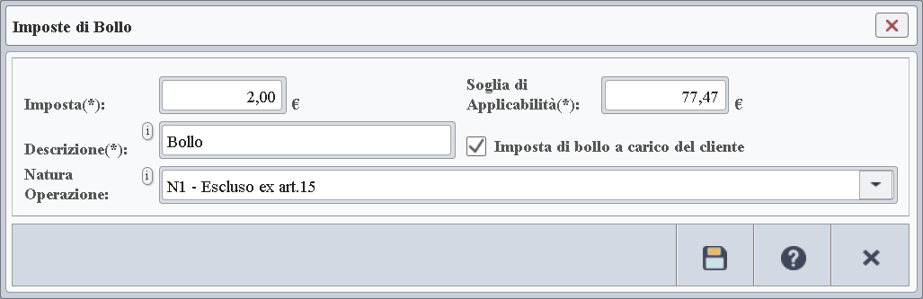Immagine della finestra usata per consultare e gestire i parametri di configurazione dell'impostazioni di bollo.