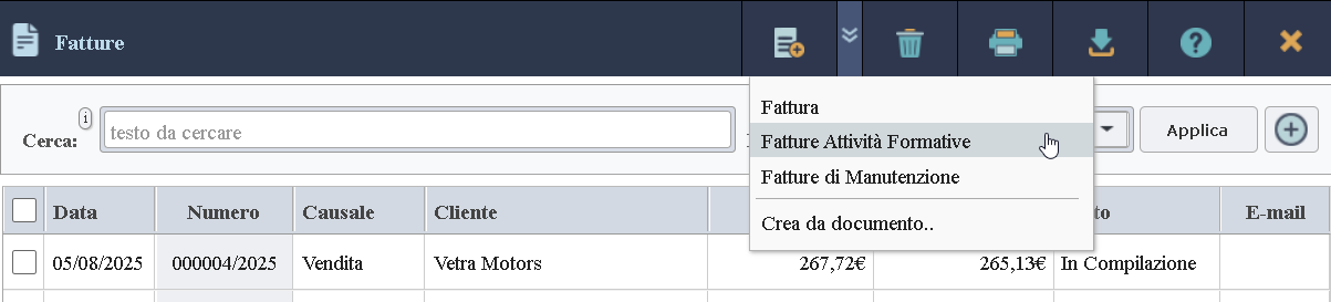 Immagine del pulsante di creazione di una fattura a partire da un tipo di documento o un documento precedentemente inserito.