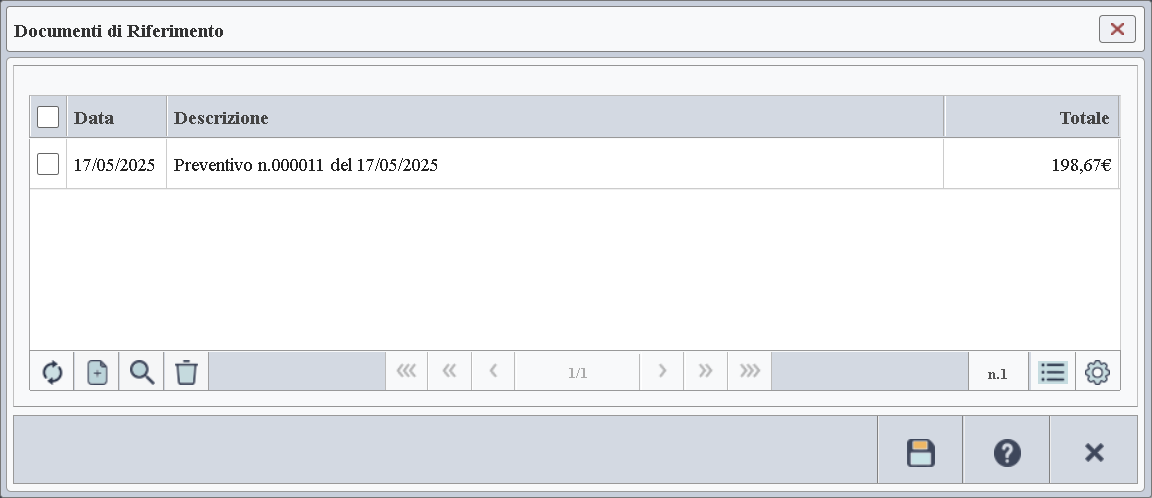 Immagine della finestra contenente la lista dei documenti di riferimento per la fattura attuale.