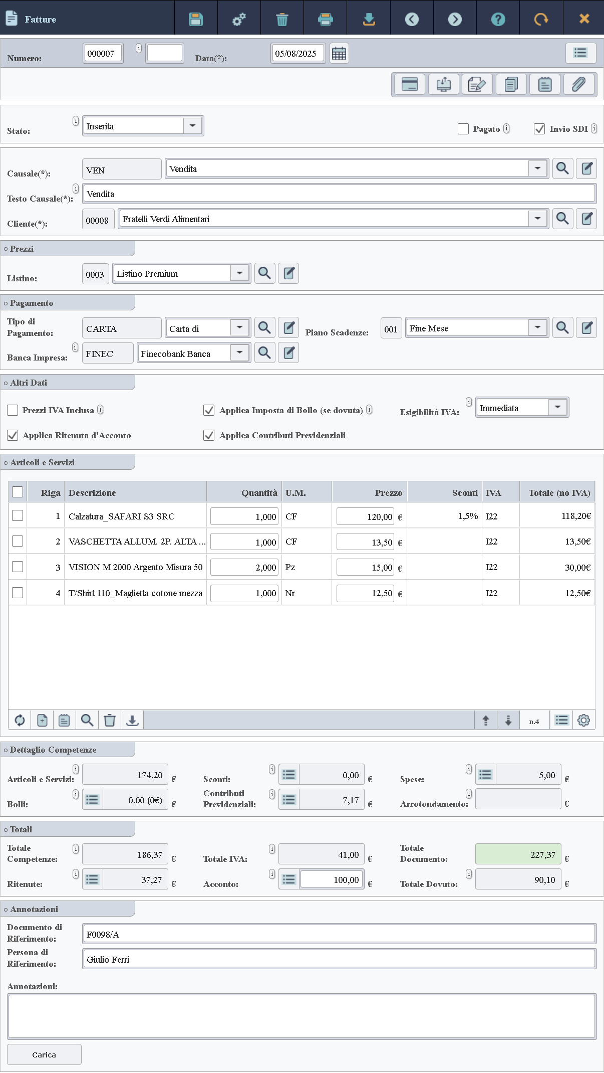 Immagine dei dati di dettaglio di una fattura.