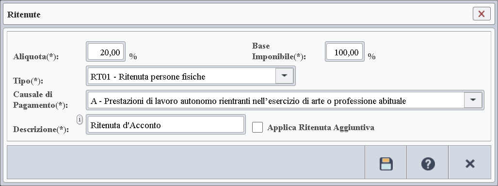 Immagine della finestra usata per consultare e gestire i parametri di configurazione della ritenuta.