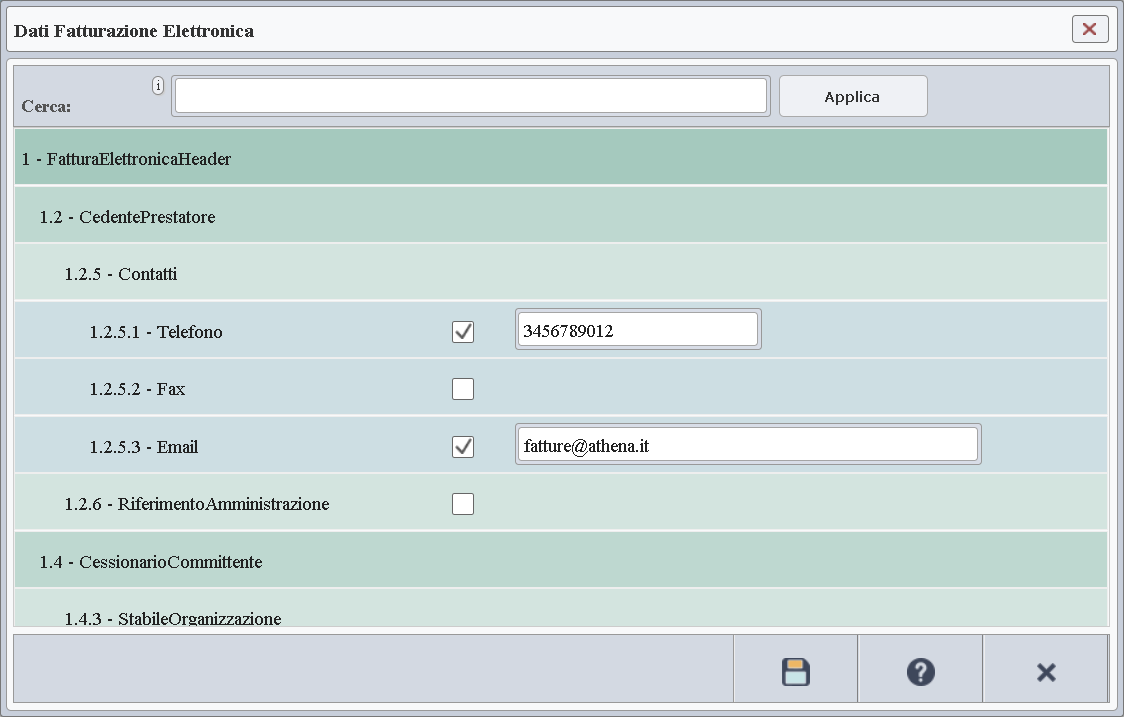 Immagine della finestra contenente i dati che è possibile valorizzare direttamente nella fattura elettronica in formato XML.