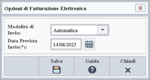 Immagine della finestra di configurazione delle opzioni di fatturazione elettronica.