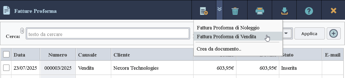 Pulsante di creazione documento da tipo