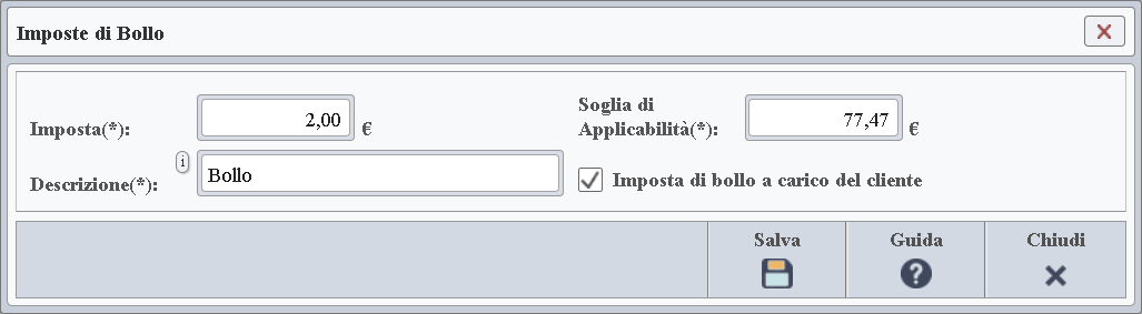 Finestra Impostazioni Bollo