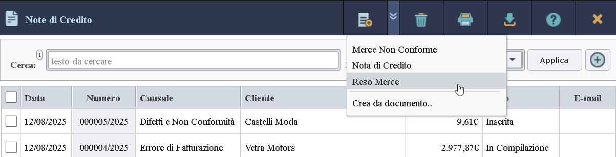 Pulsante di creazione documento da tipo