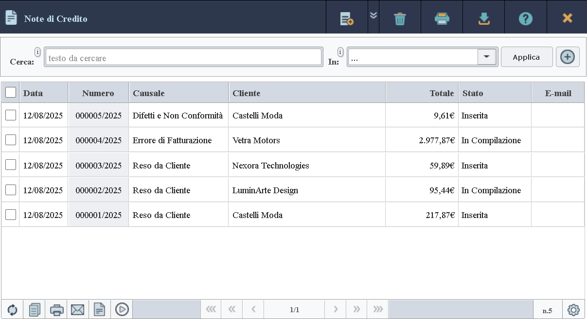 Tabella Note di Credito