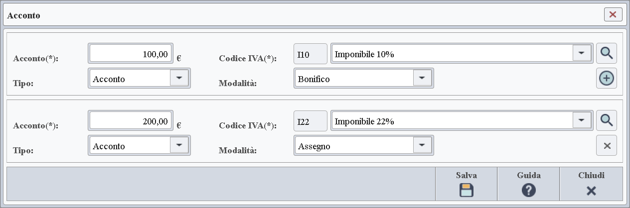 Immagine della finestra di configurazione dei parametri legati all'acconto.