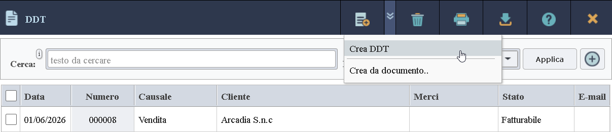 Immagine del pulsante di creazione di un DDT a partire da un tipo di documento o un documento precedentemente inserito.