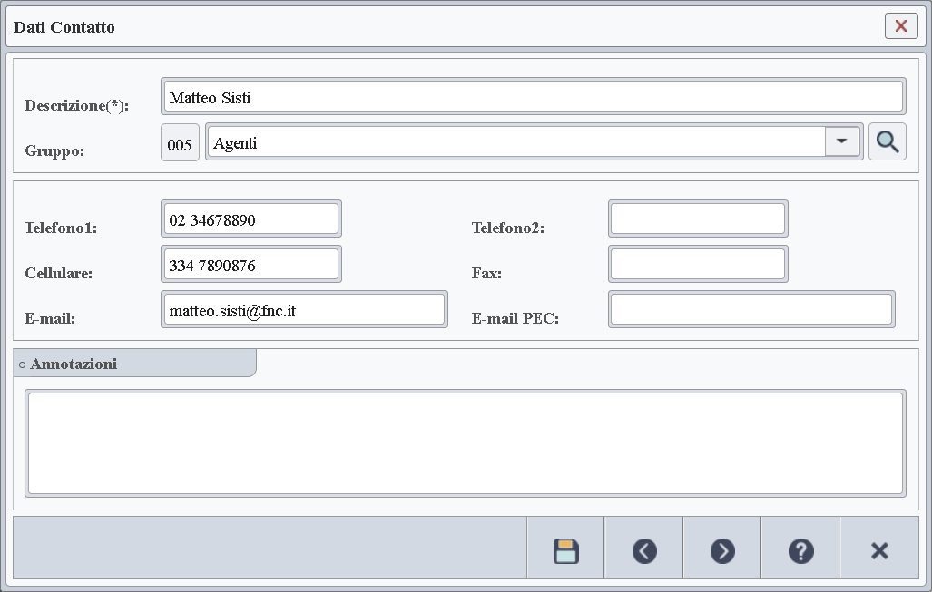 Immagine della finestra usata per consultare e compilare i contatti aggiuntivi del cliente.
