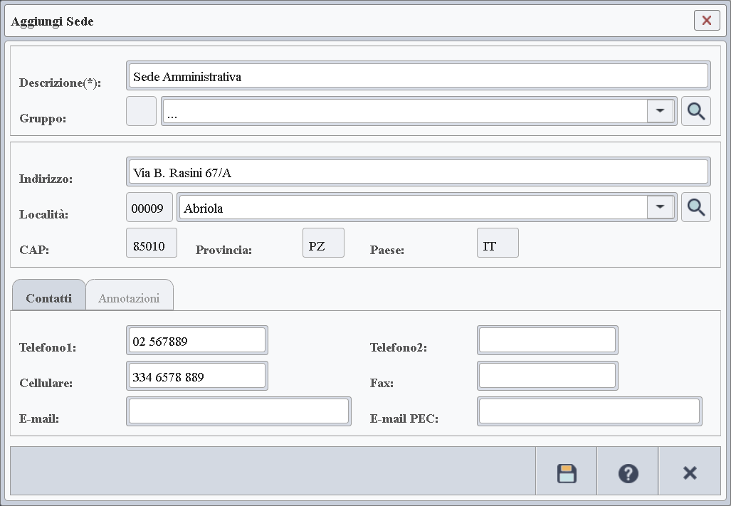 Immagine della finestra usata per consultare o gestire i dati delle sedi secondarie del cliente.