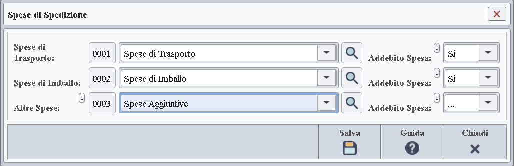 Immagine della finestra usata per consultare e gestire le spese di spedizione associate al vettore.