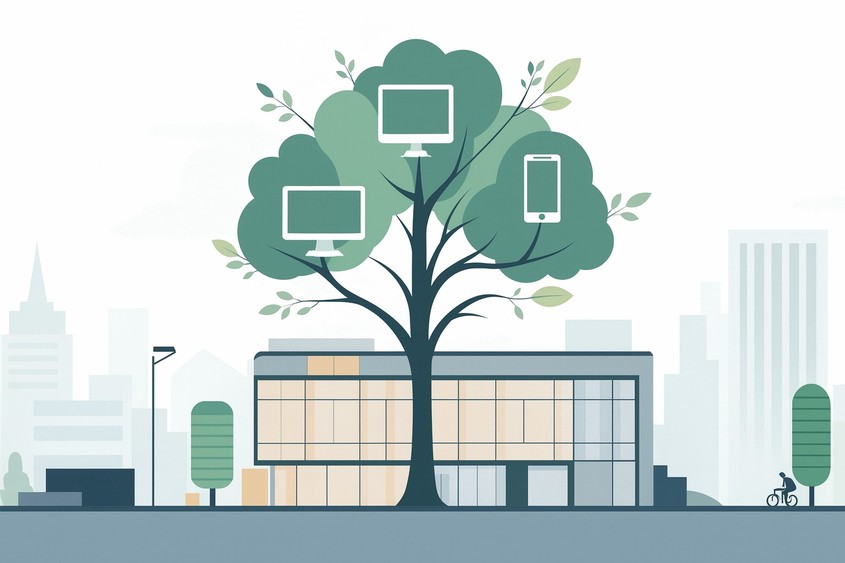 Immagine stilizzata dell'impresa Microlab a Ferrara, con un albero pieno di dispositivi IT