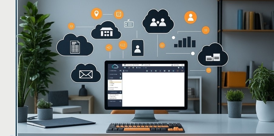 Ufficio con un PC rivolto verso chi guarda, con il monitor aperto sulla dashboard Phrometeo.